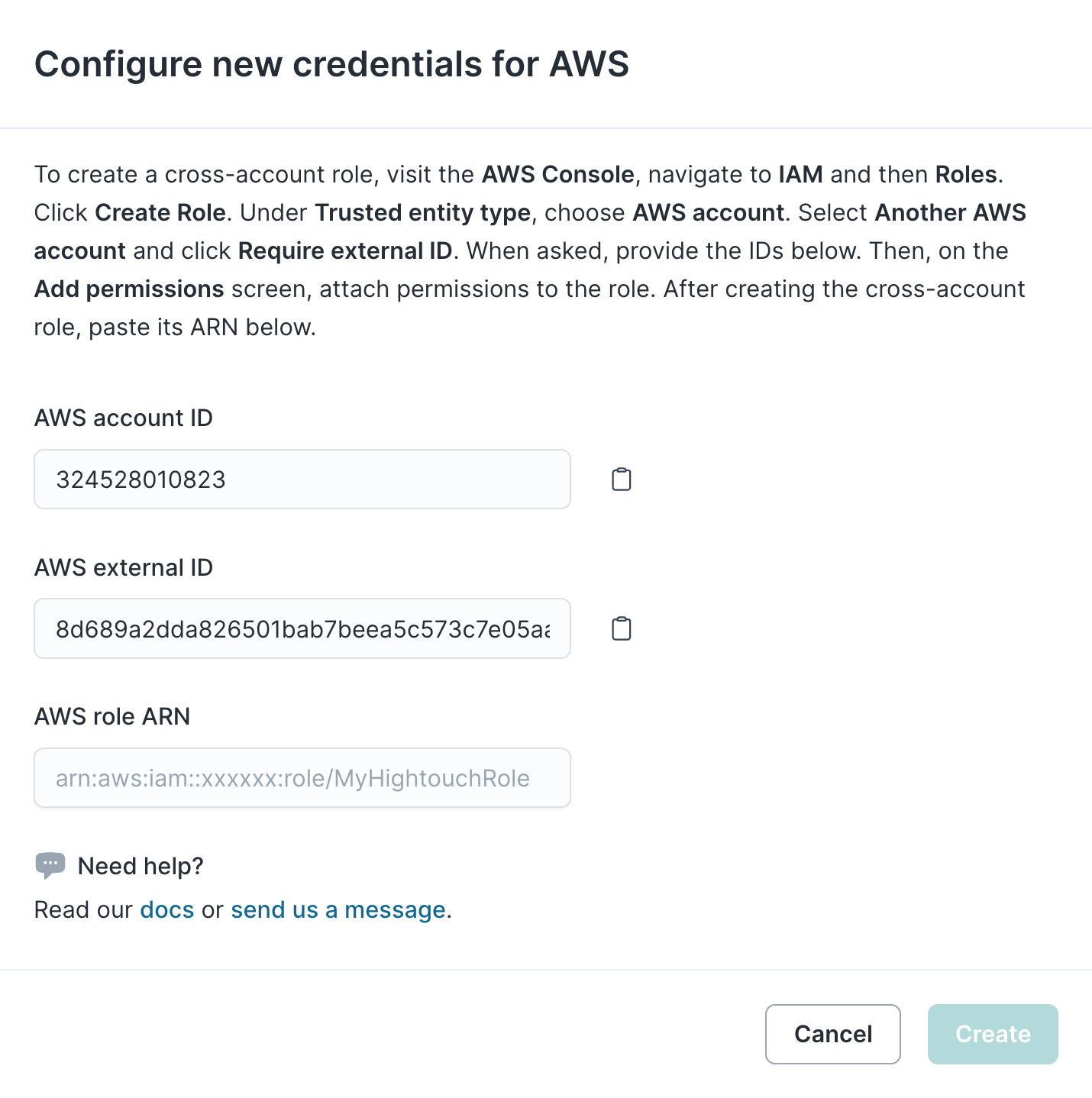 AWS credential generation in the Hightouch UI