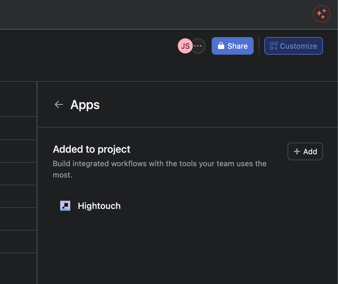 Apps panel in an Asana project with Hightouch added to the project
