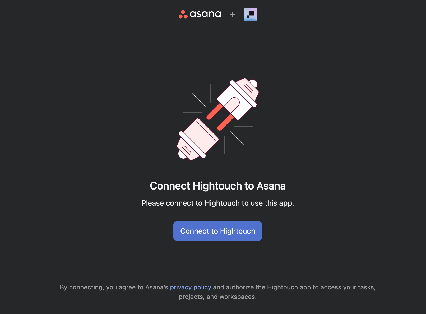 Asana's prompt to connect the Hightouch app, with a Connect to Hightouch button