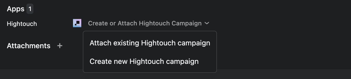 Create or Attach Hightouch Campaign menu open in an Asana task, showing Attach existing and Create new options