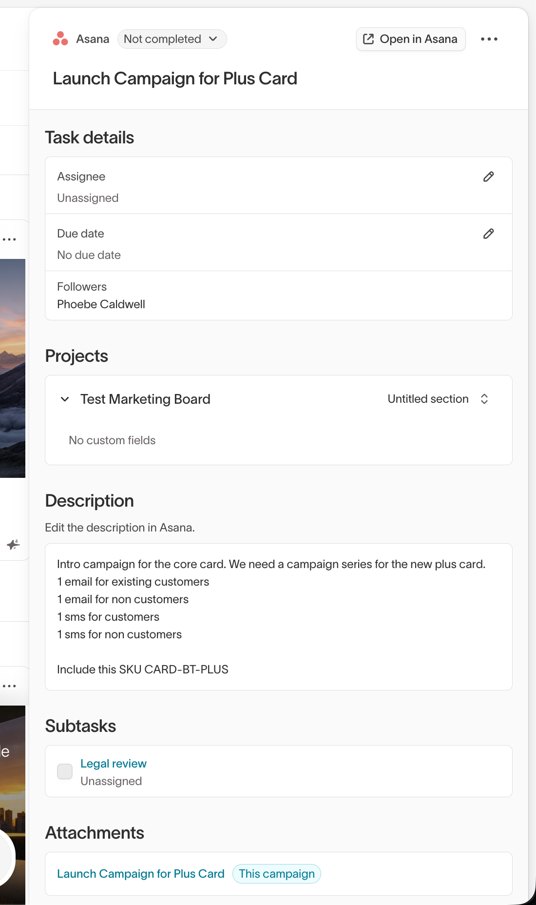 Linked Asana task shown on the Hightouch campaign page, with task details, description, and subtasks