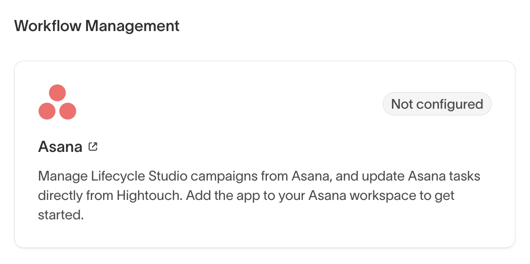 Asana card in the Workflow Management section of the Connections page