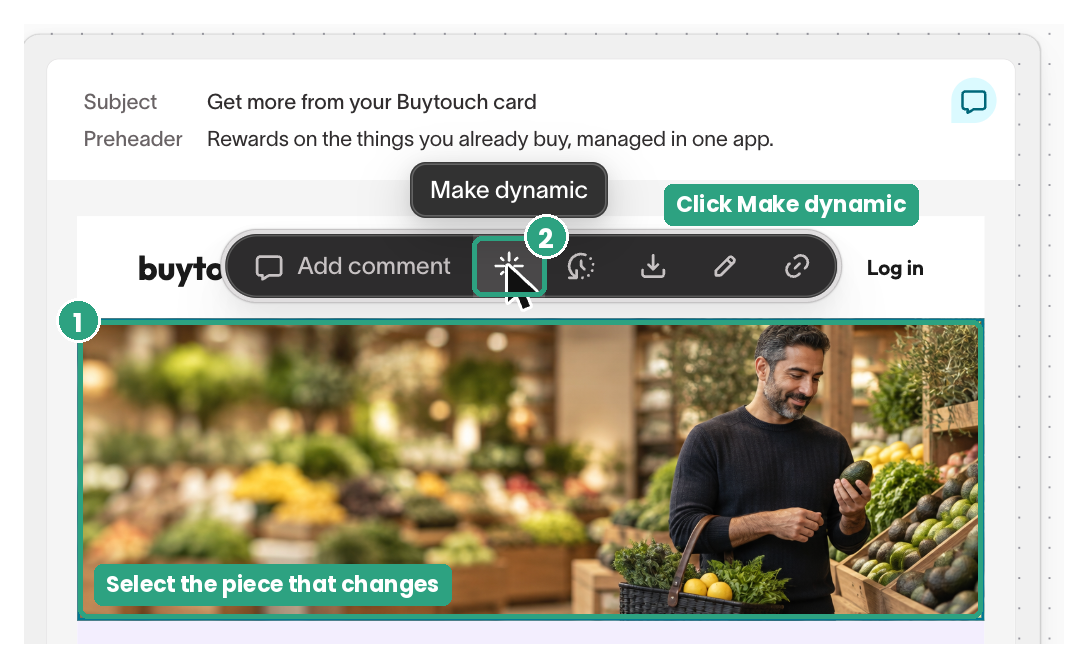 A hero image selected in the email preview with the Make dynamic option in the selection toolbar