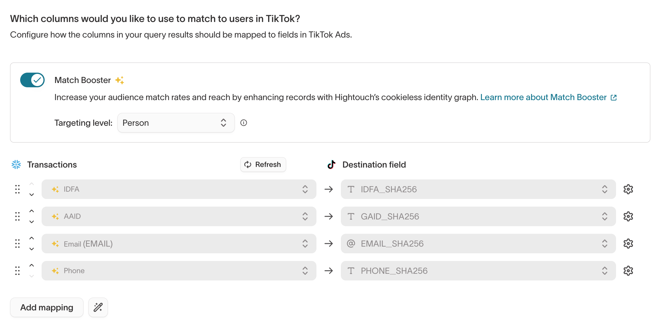 Sync configuration with Match Booster enabled, showing the targeting level and enriched field mappings.