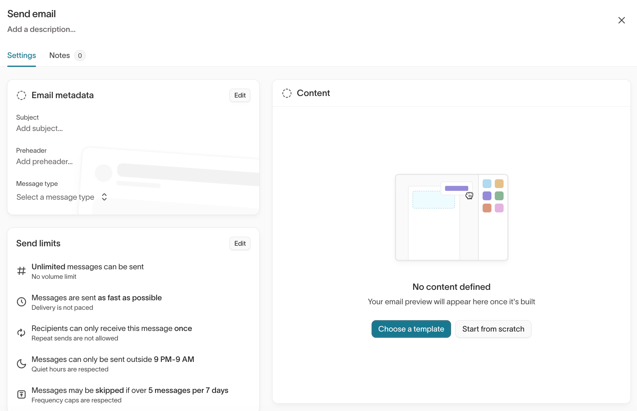 The Send email tile: email metadata, send limits, and content