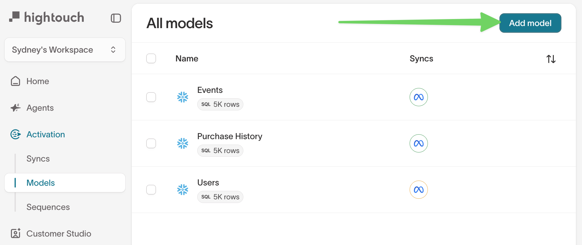 All models page with the Add model button highlighted