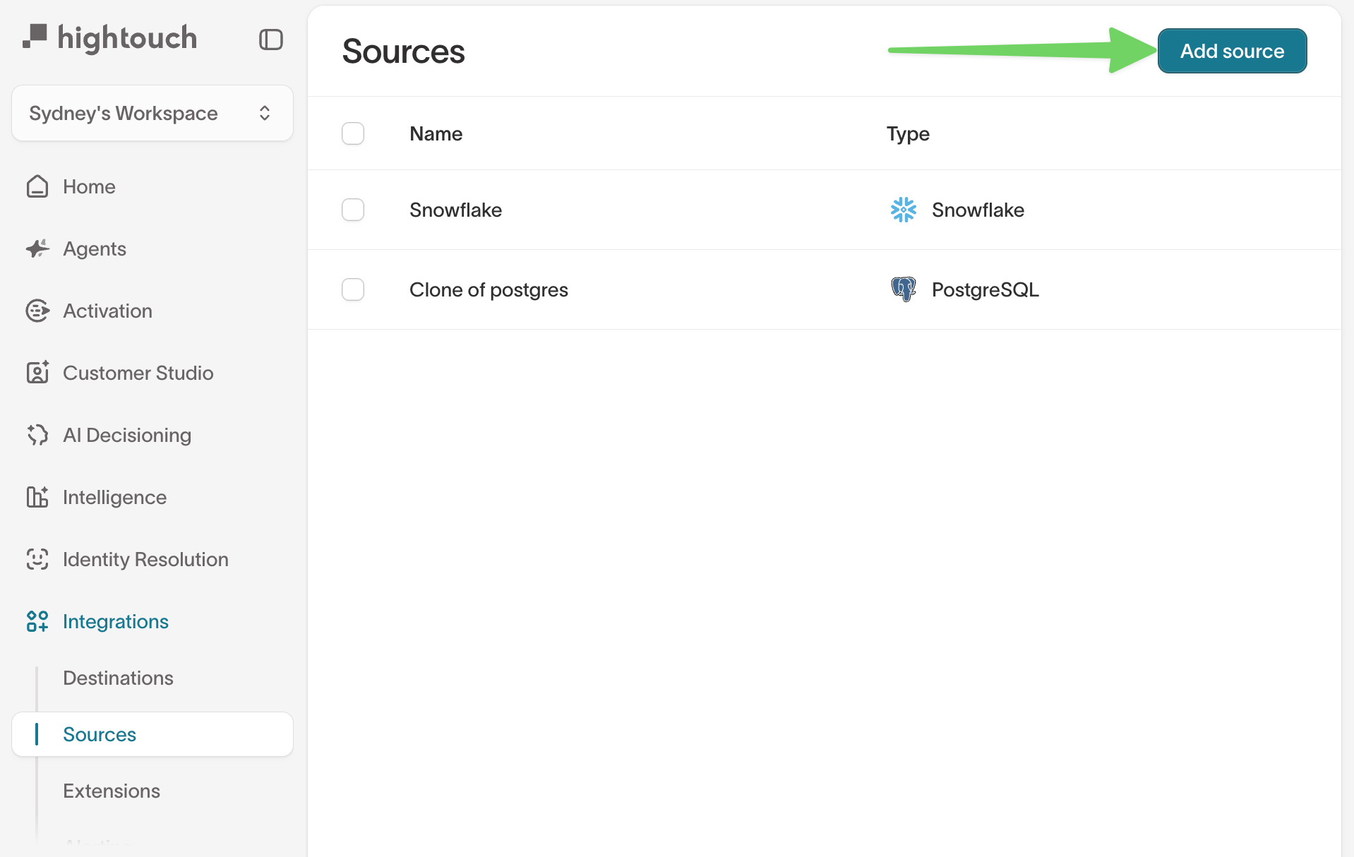 Sources overview page with the Add source button highlighted