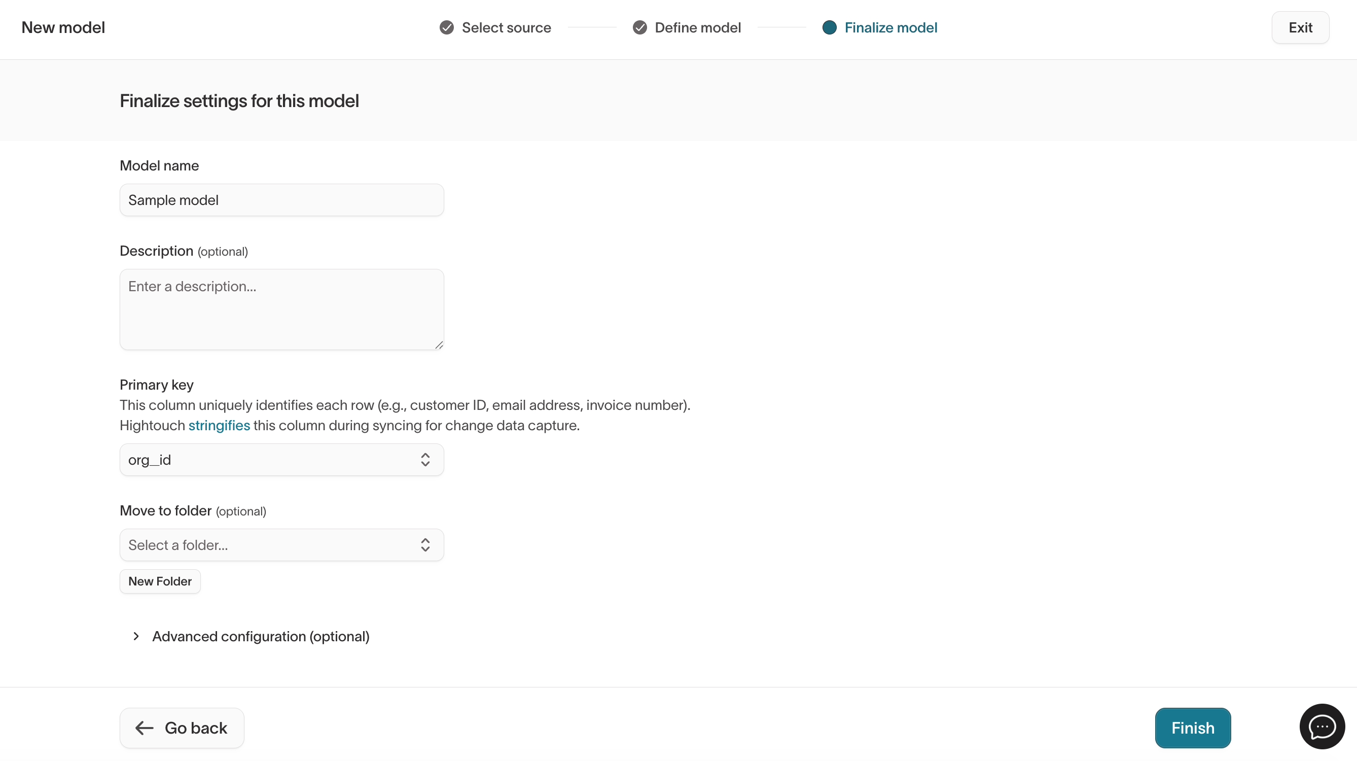 Finalizing settings for a model built on the B2B SaaS sample source