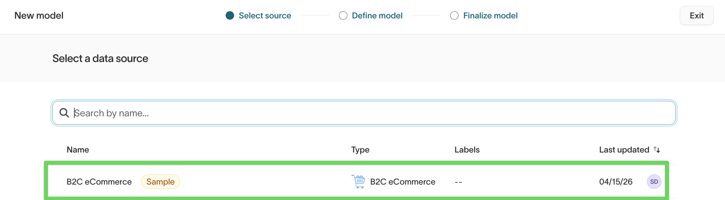 Selecting a sample source on the Select source step