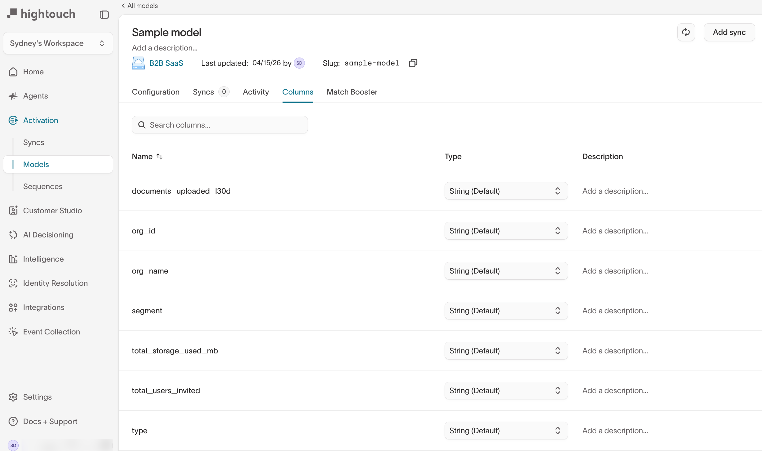 Columns view of a finished model built on the B2B SaaS sample source