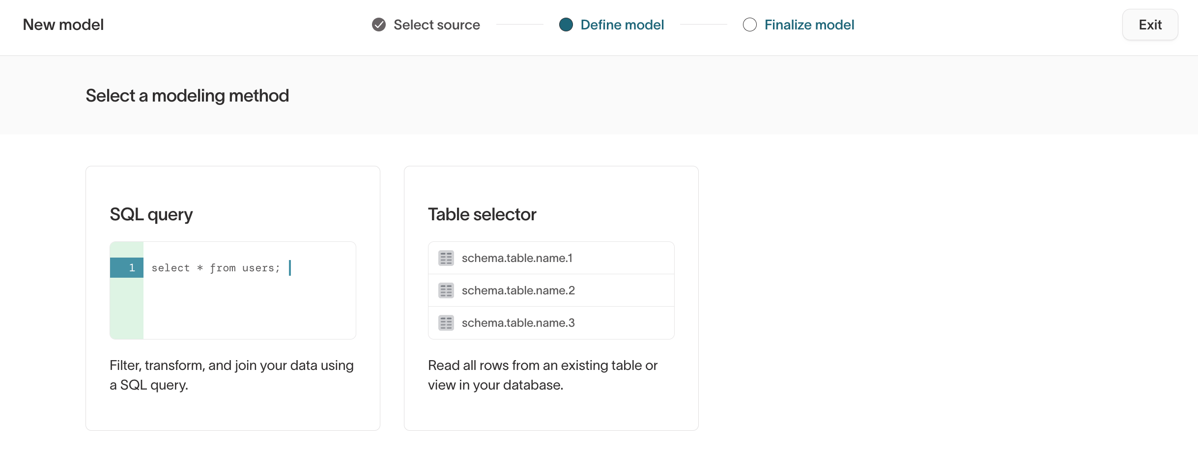 Choosing between the SQL query editor and Table selector