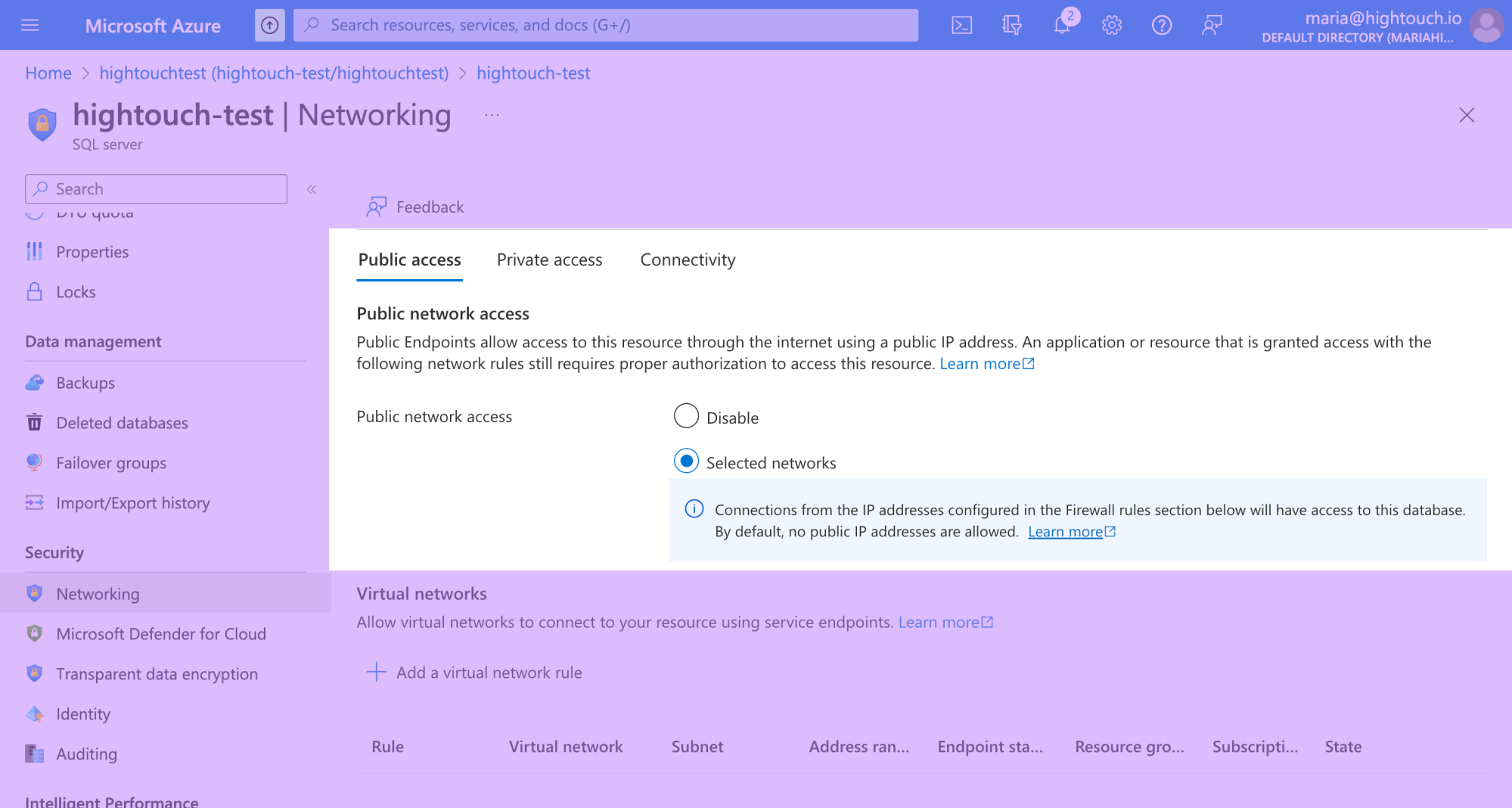 Azure Console Dashboard with settings