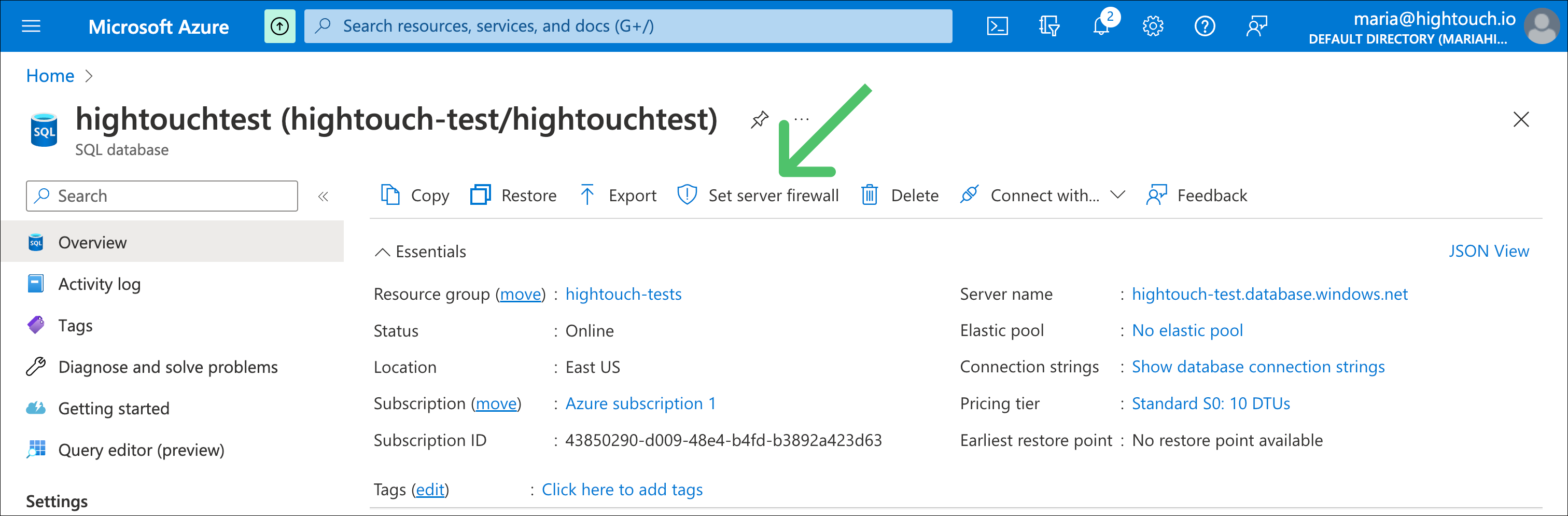 Azure Console Dashboard with settings