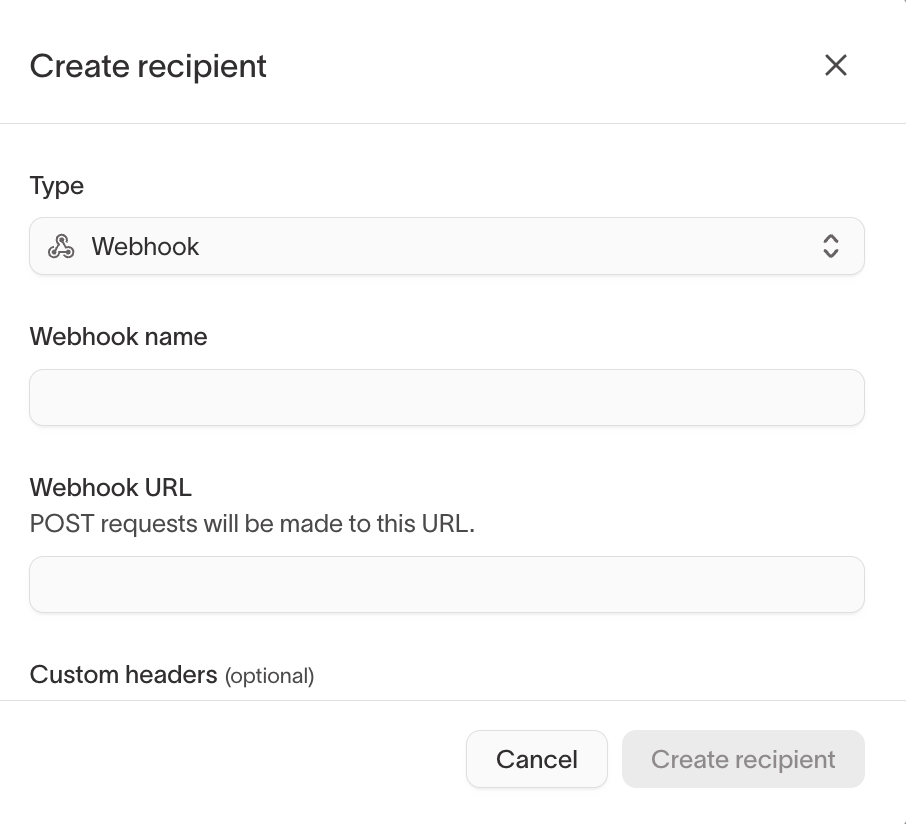 Webhook recipient configuration showing custom headers