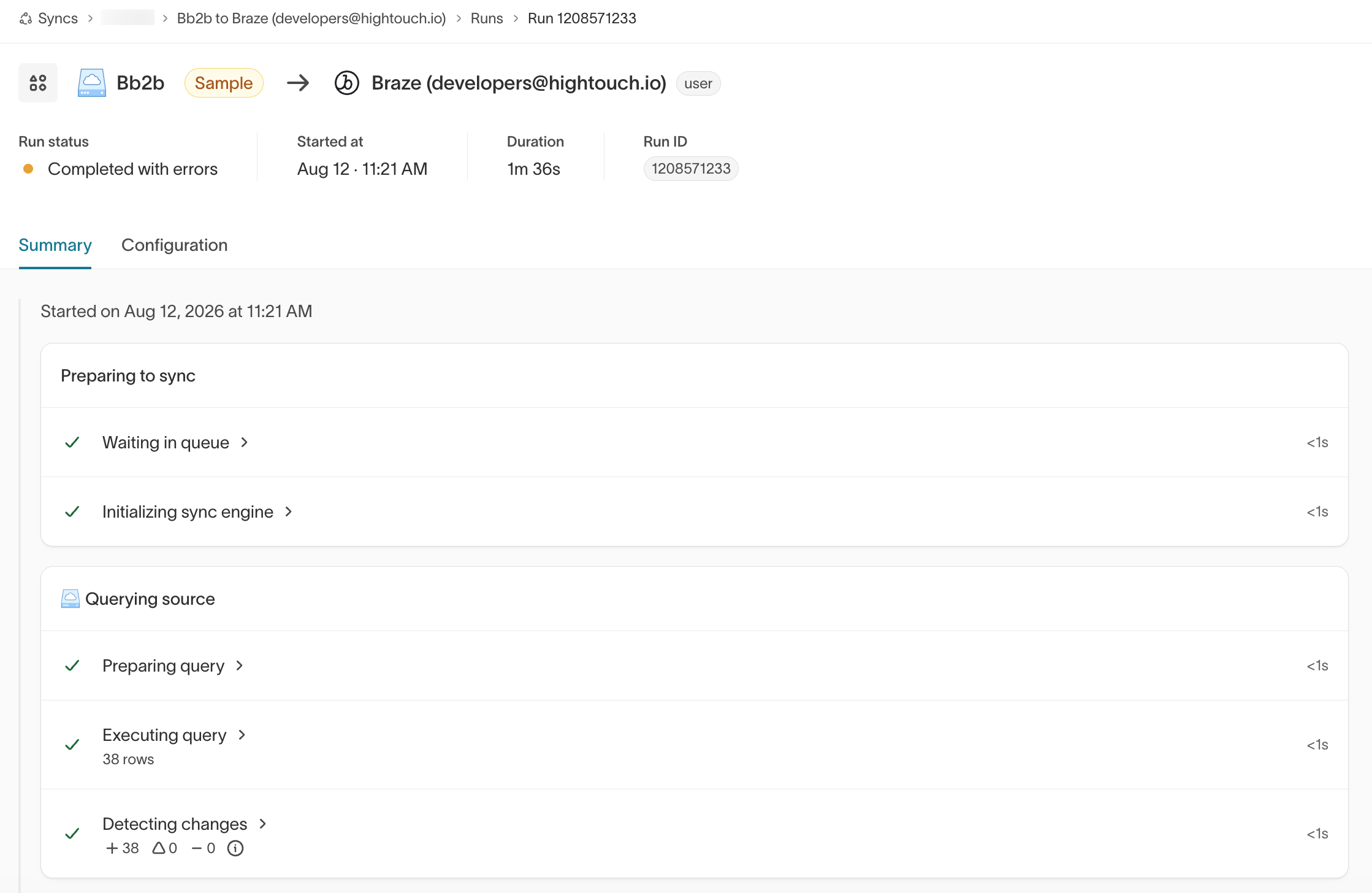 Run summary showing the querying source phase