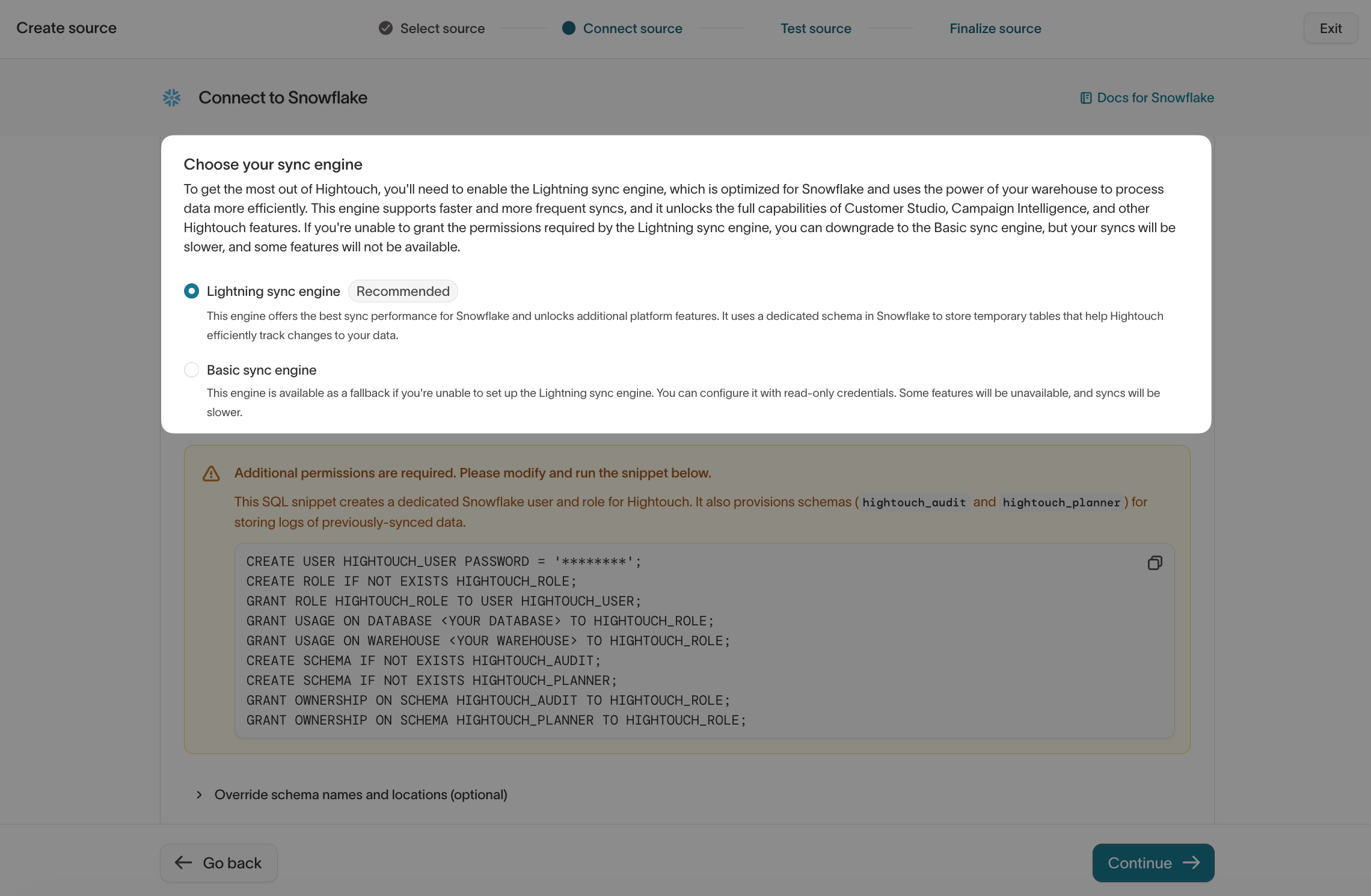 The Choose your sync engine step with Lightning and Basic options