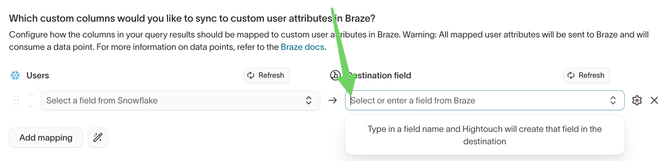 Creating a custom Braze attribute from the destination field input