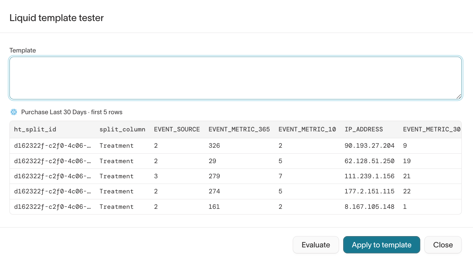 Liquid template tester dialog showing sample rows