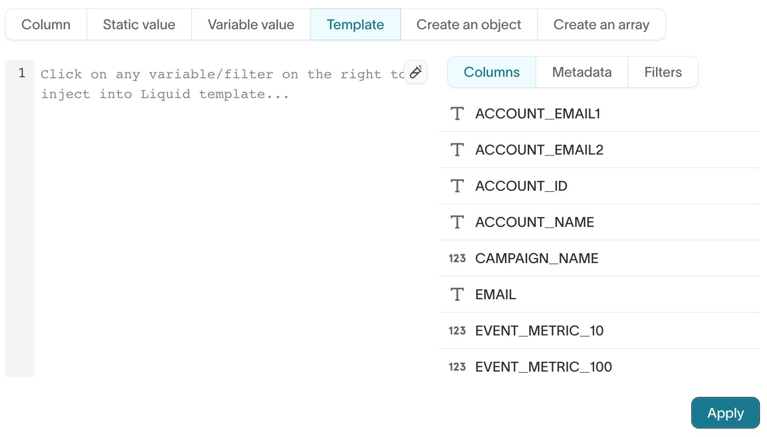 The Template tab of the advanced mapper, showing the Columns tab of the editor