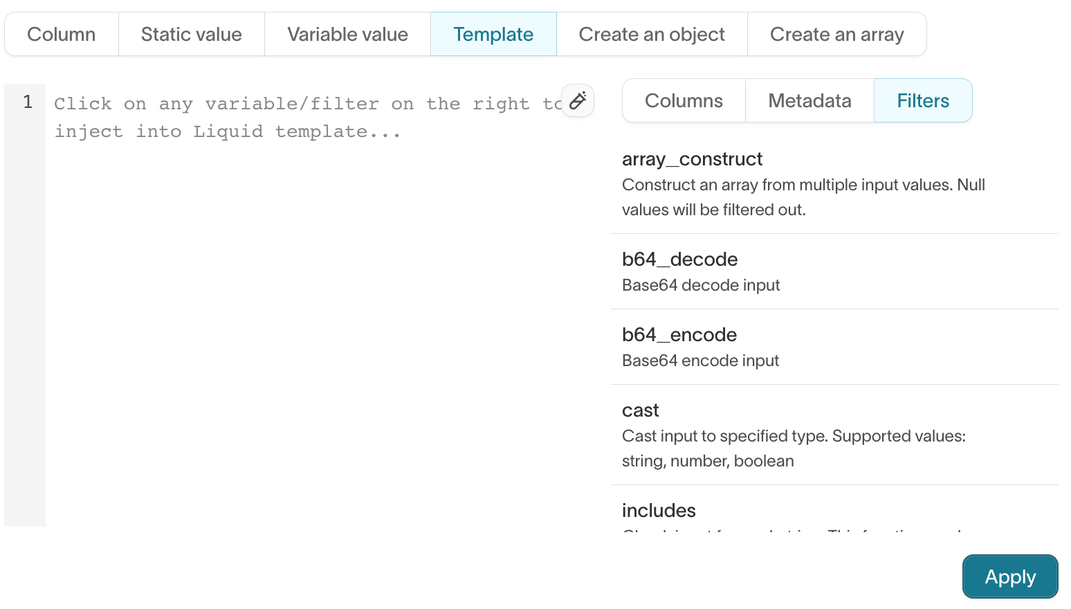 The Filters tab of the template editor
