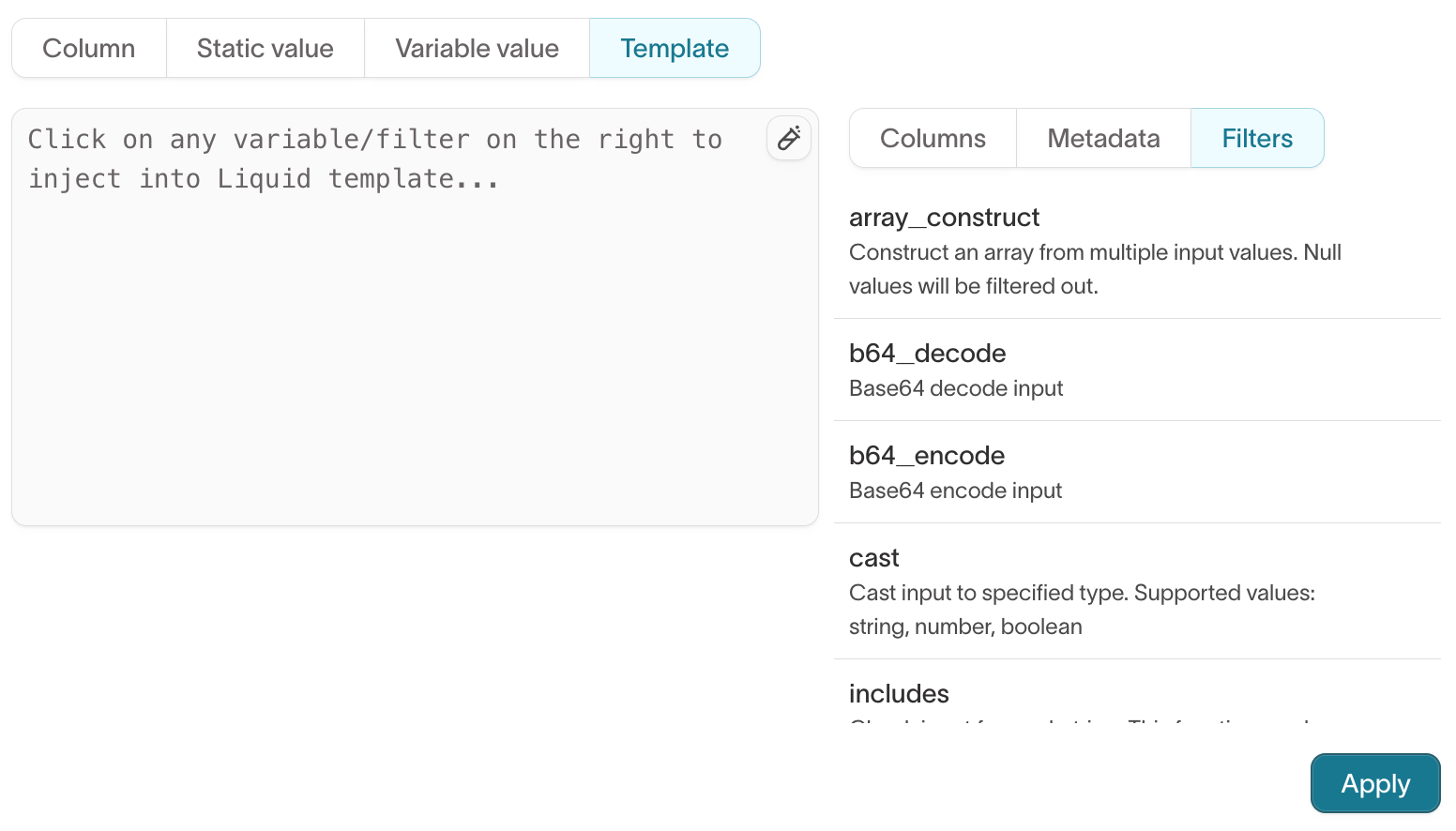 Template editor Filters tab