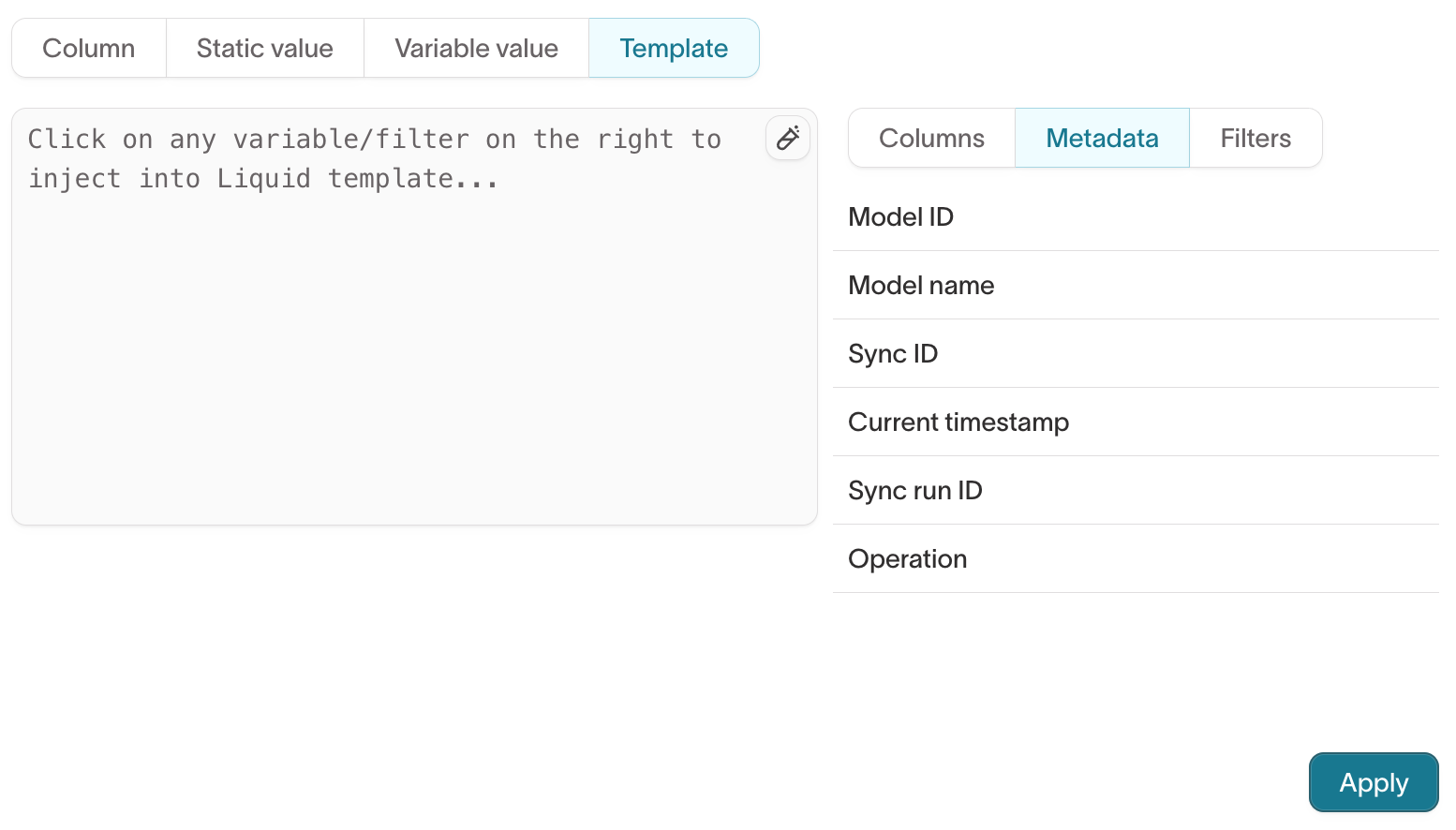 Template editor Metadata tab