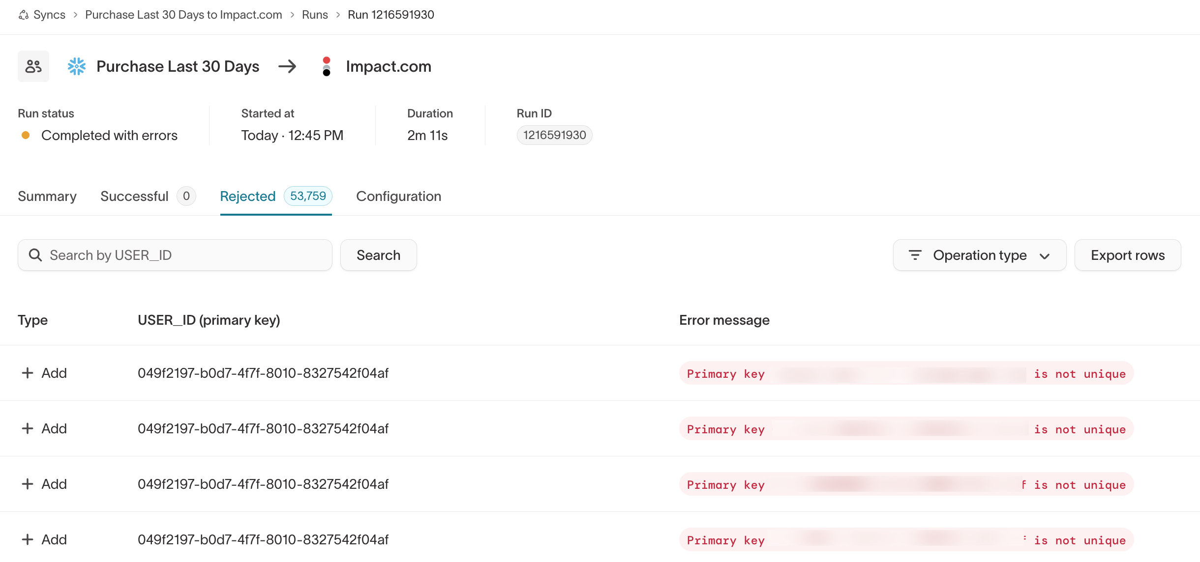 A run's rejected rows with error messages