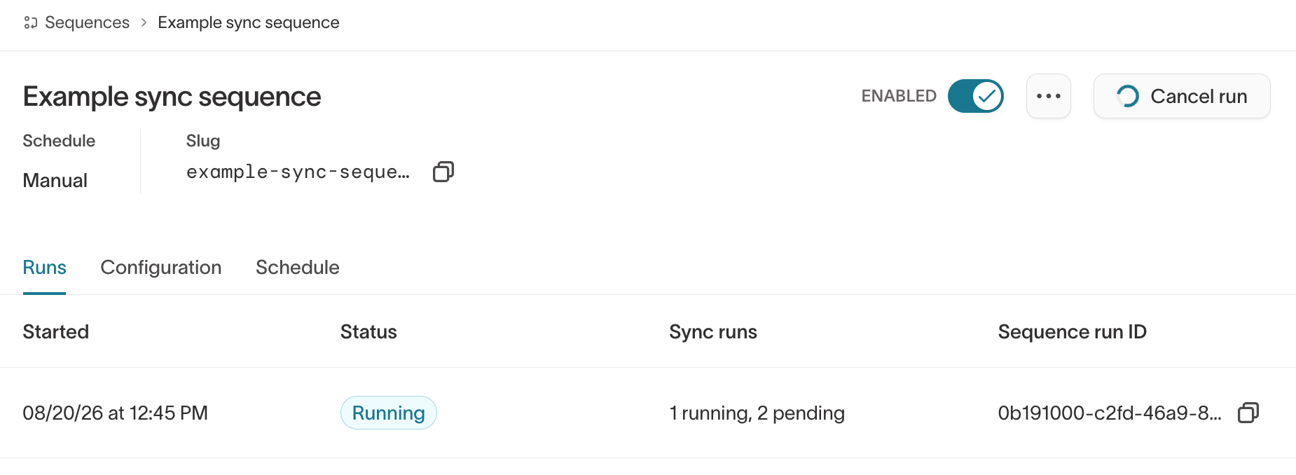 A sequence's detail page showing its enable toggle, Run button, and run history