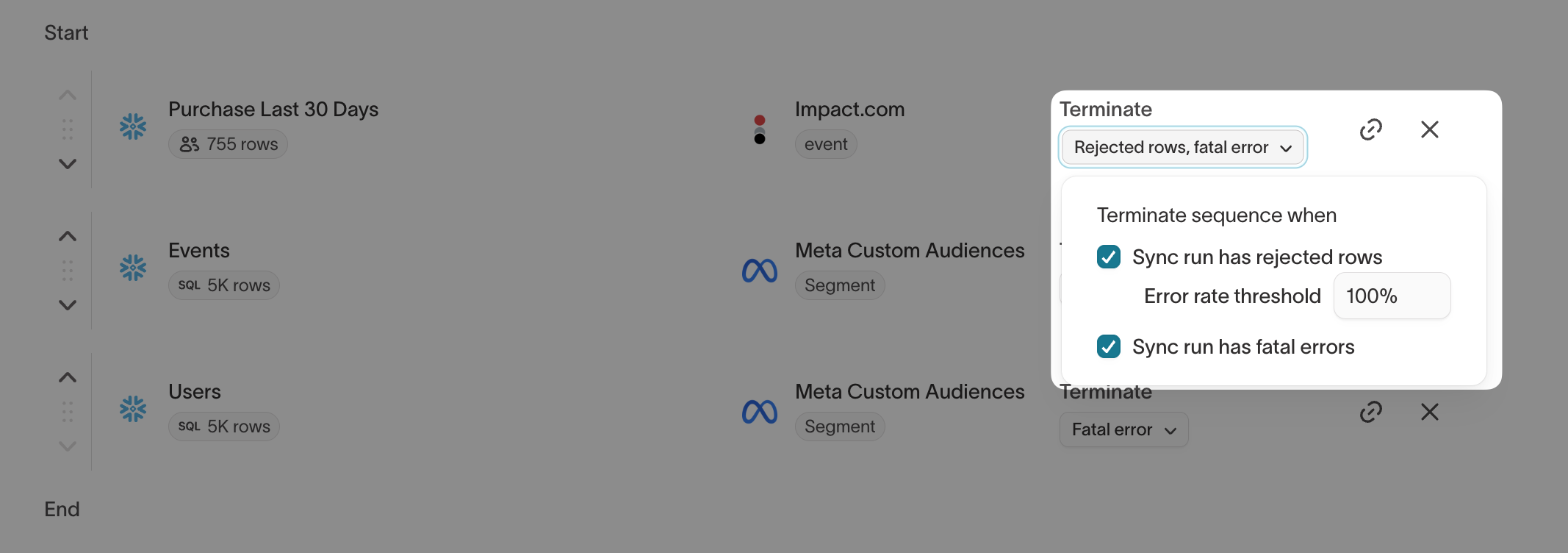 The Terminate menu with rejected-rows and fatal-errors options