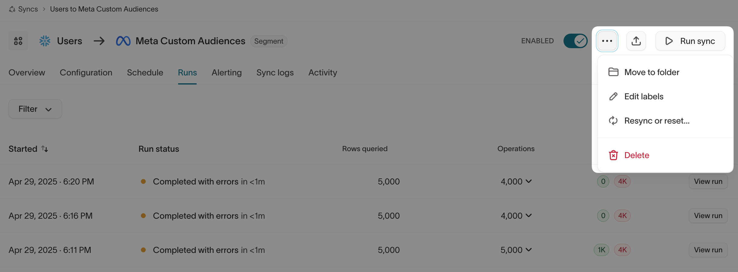 The sync actions menu with Resync or reset