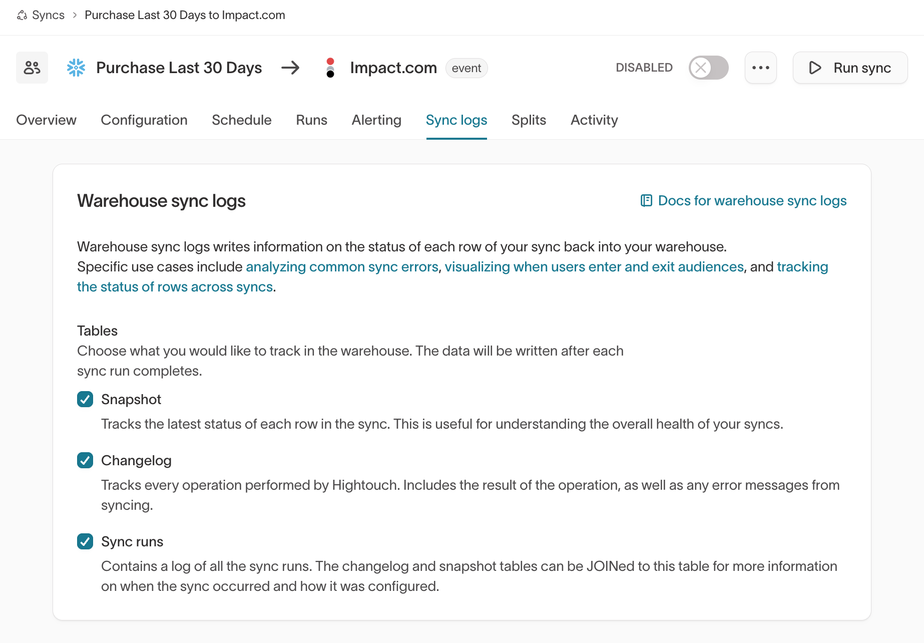 The Sync logs tab on a sync, with the Snapshot, Changelog, and Sync runs tables