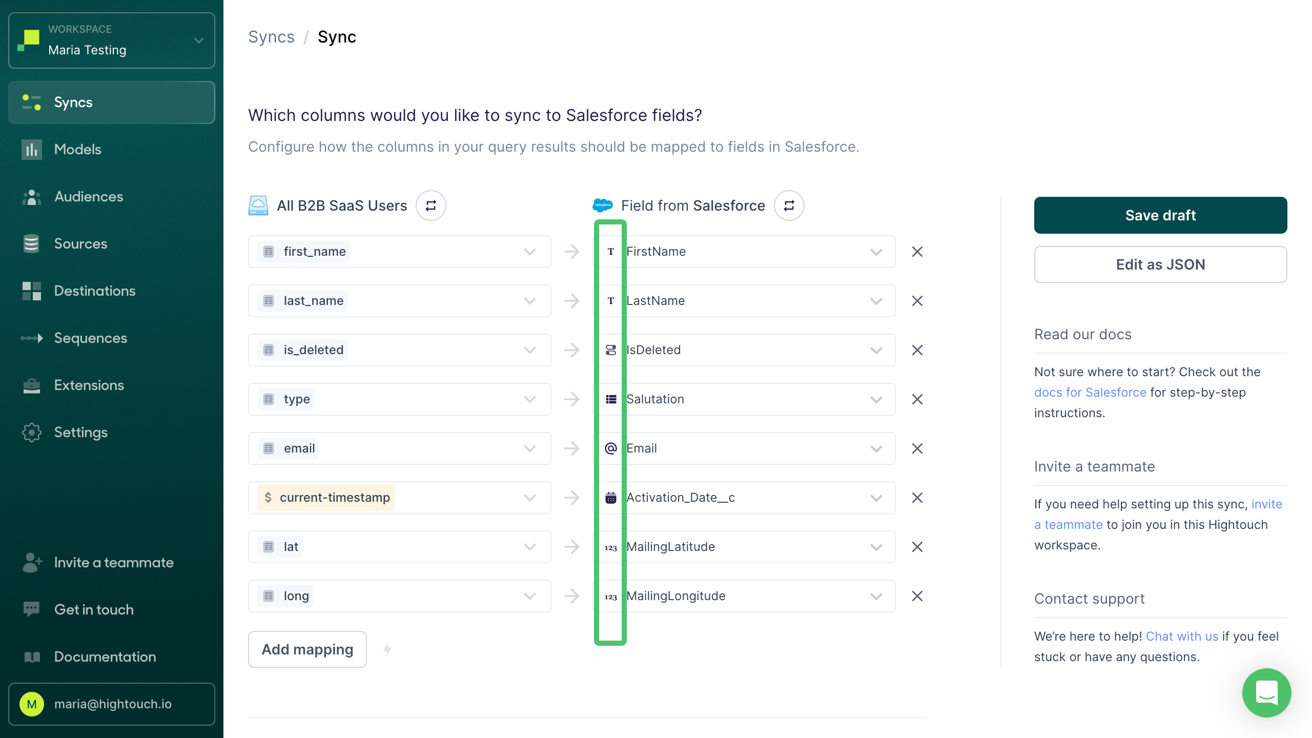 Destination data types in the Hightouch UI