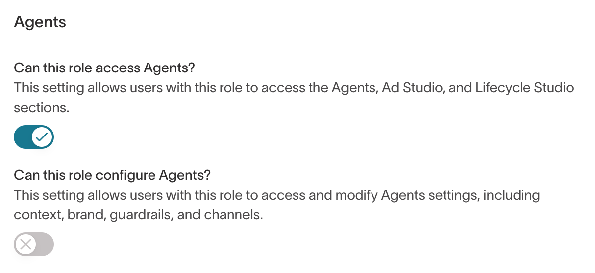 The Agents tab of the custom role builder, with toggles to access and configure Agents