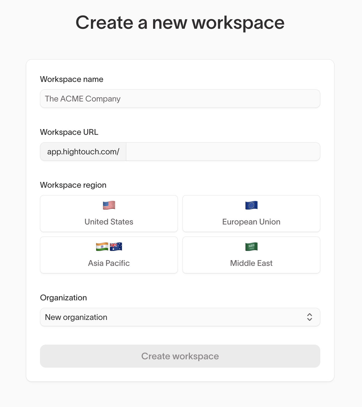 The workspace creation form with fields for name, slug, region, cloud provider, and organization