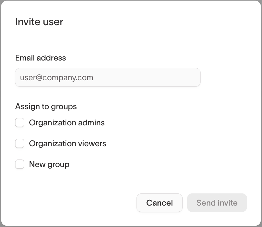 The Invite user modal with group assignment options including Organization admins