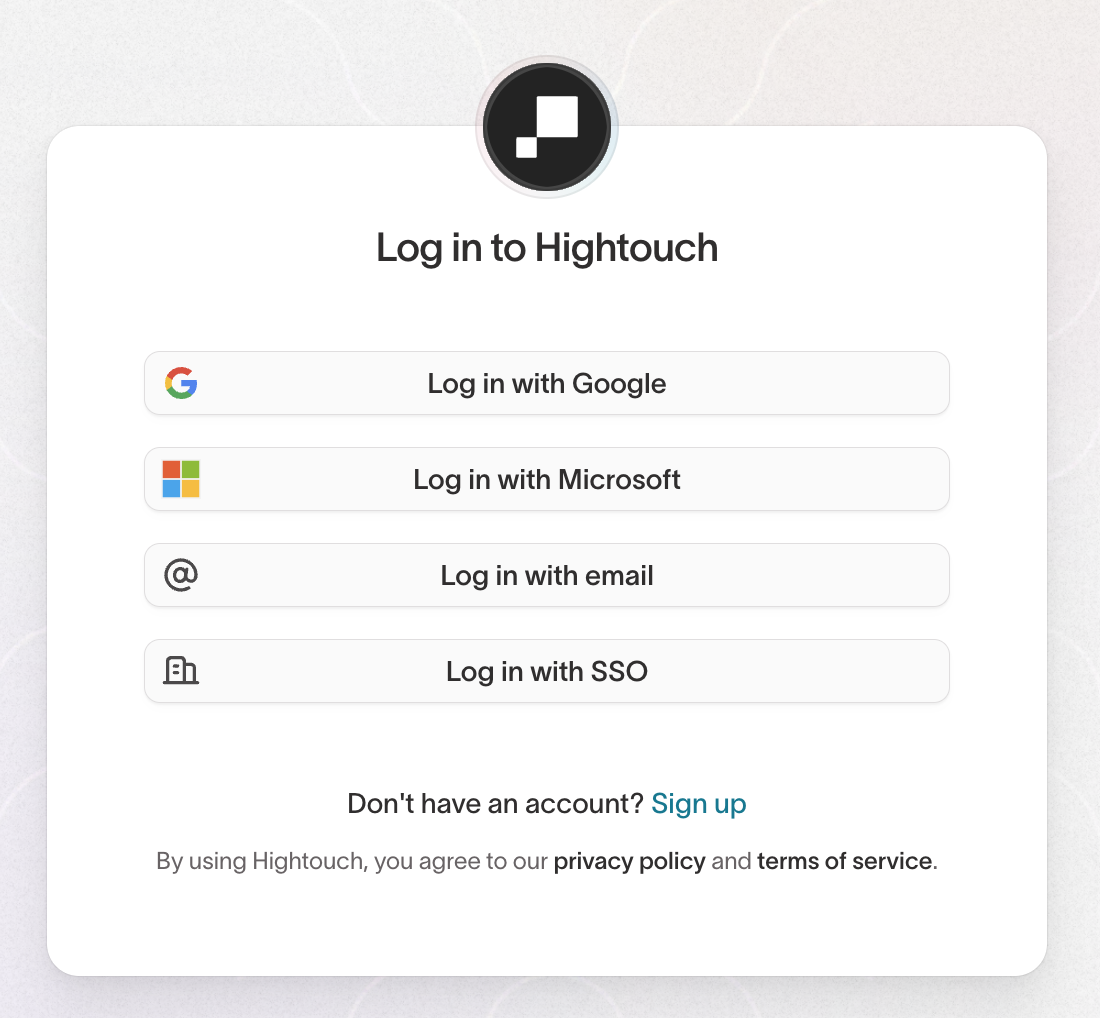 The Hightouch login screen with Google, Microsoft, email, and SSO options