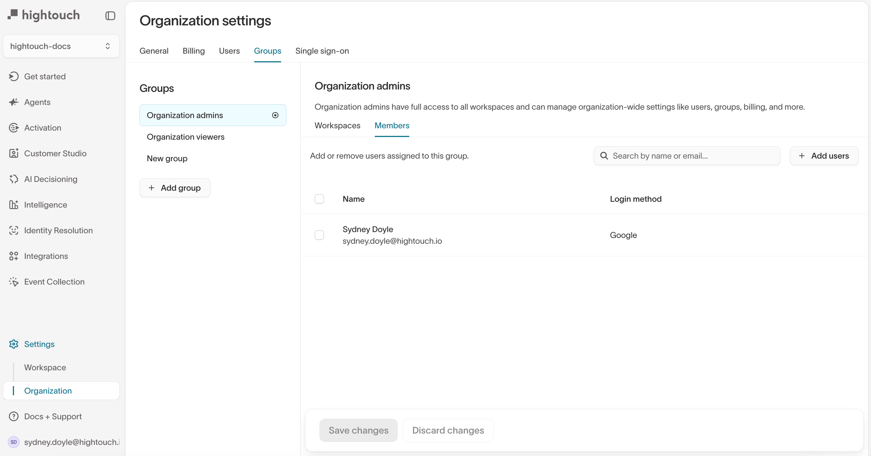The Organization admins group Members tab showing current members and the Add users button