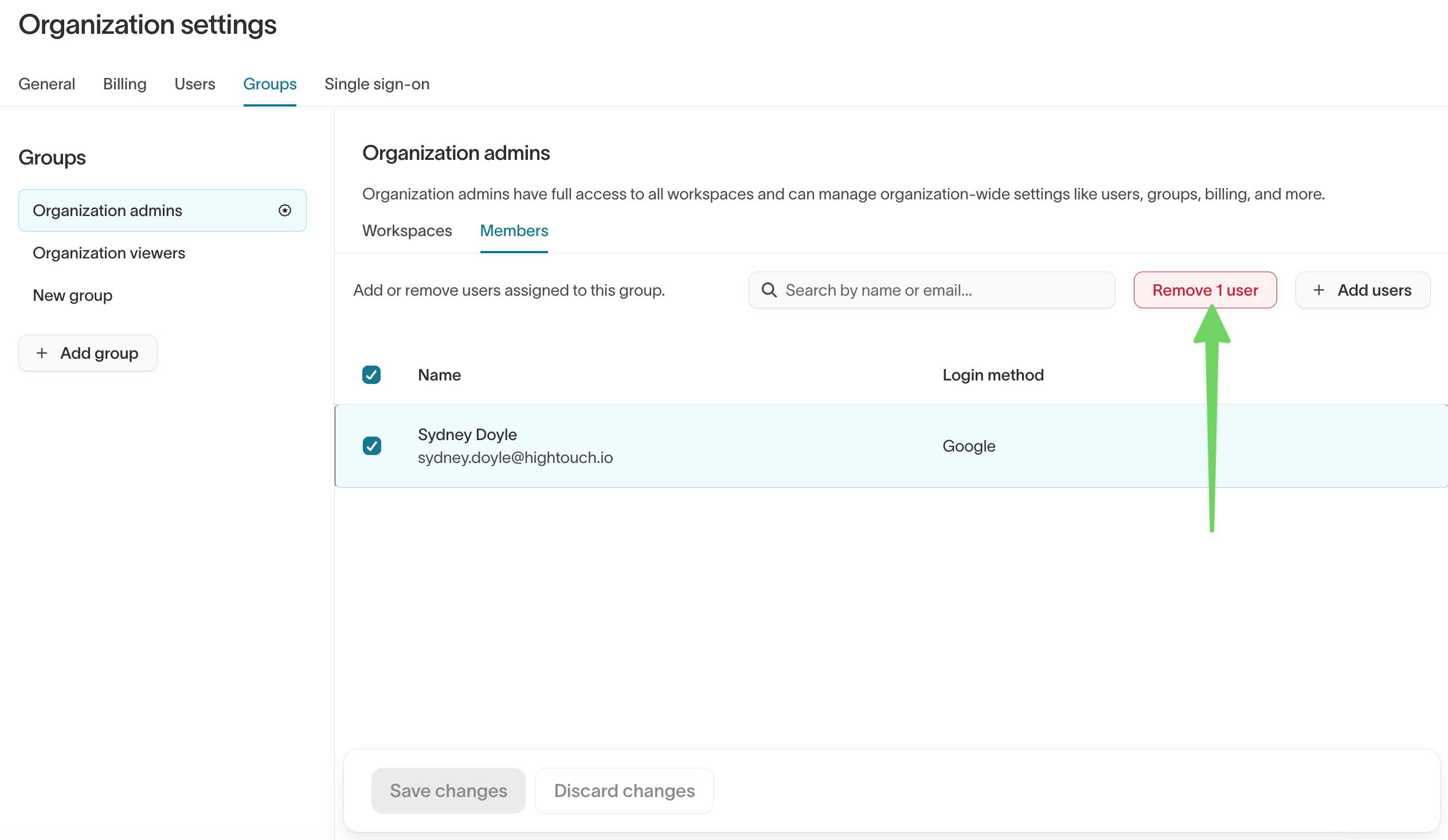 Selecting a user for removal from the Organization admins group