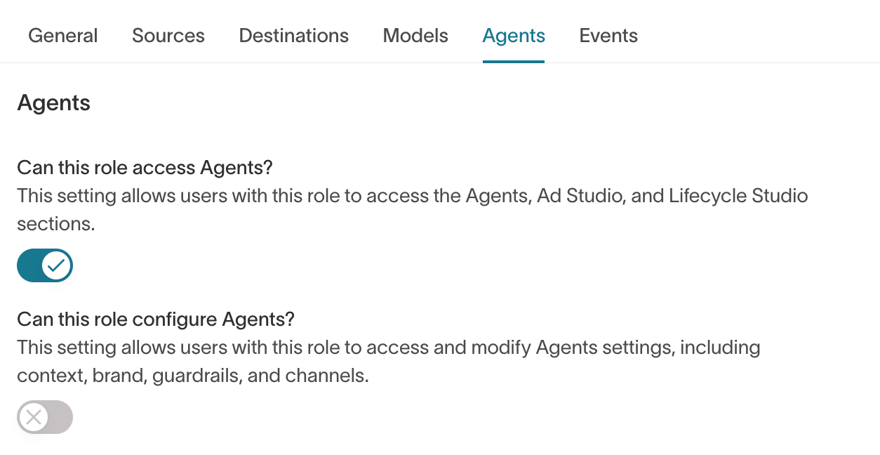 Custom role Agents tab showing access and configuration grants