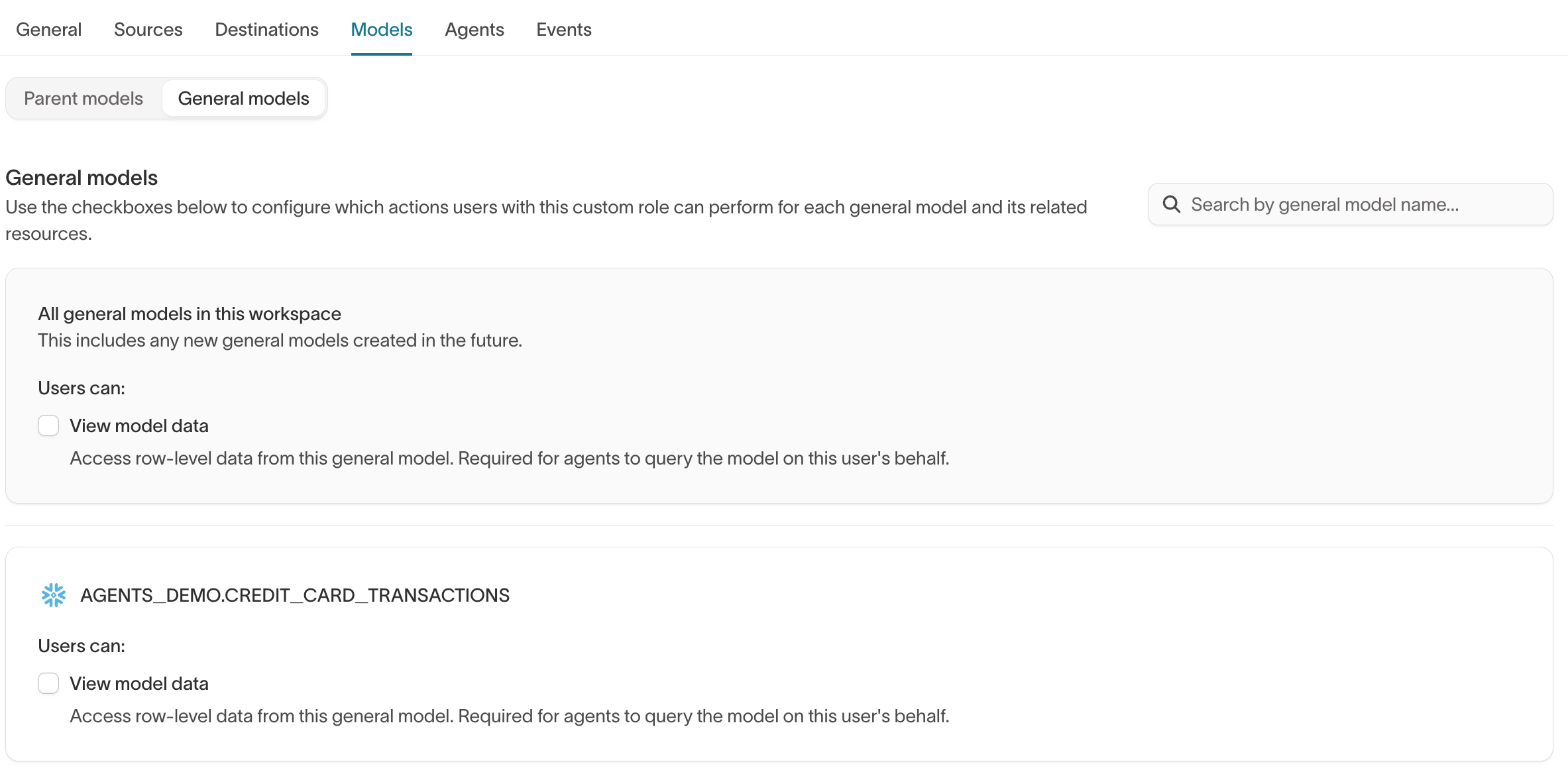 Custom role Models tab showing general model grants