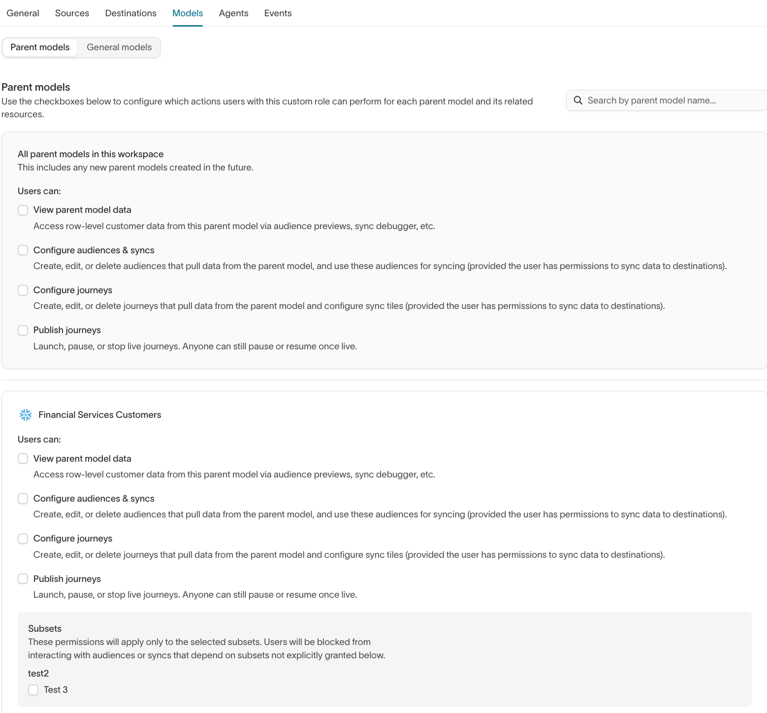 Custom role Models tab showing parent model grants